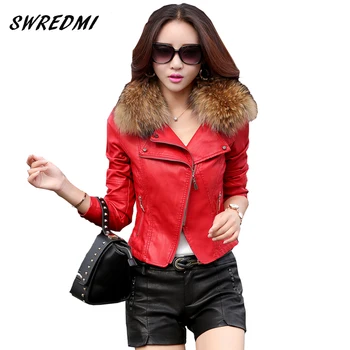 

SWREDMI Leather Jacket Women 2020 Spring And Autumn Real Fur Collar Leather Clothing Outerwear Red Leather Coat Motorcycle
