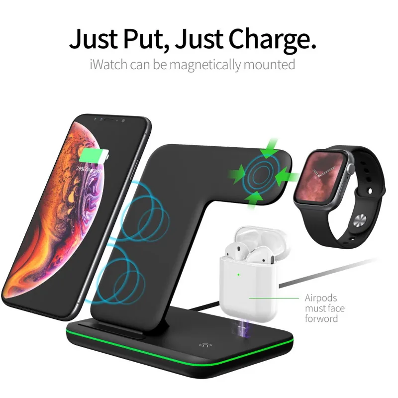 

3 in 1 Qi Wireless Charger Stand For Apple Watch 4/3/2/1 Airpods iPhone Xr X 8 Samsung 15W Fast Charging Station Dock For Huawei