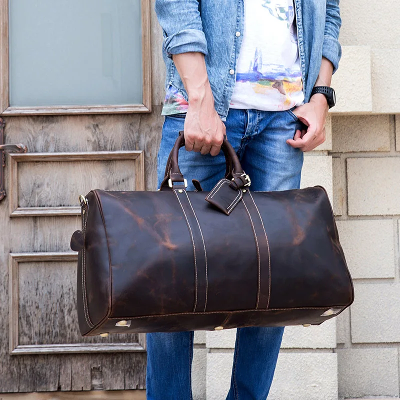 

Men Crazy Horse leather travel shoulder bag Big real leather Weekend Bag 24" Genuine Leather Travel Luggage Tote Duffle Brown