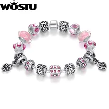 European Style 4 Colors Silver Crystal Charm Bracelet for Women With Original Pink Murano Glass Beads DIY Jewelry