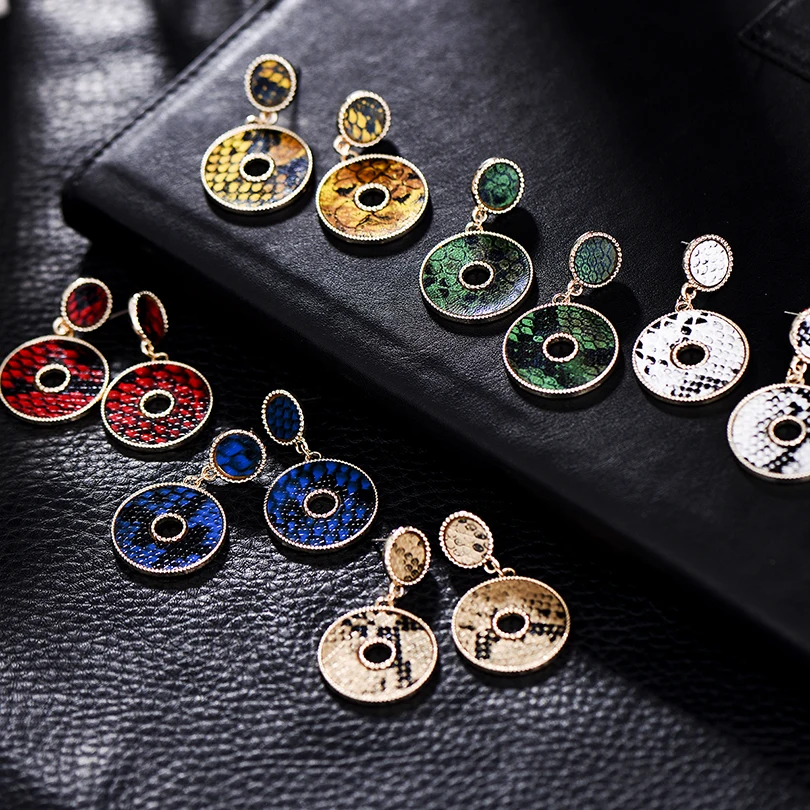 

Punk 5 Colors Geometric Snake Skin Double Round Drop Earrings for Women Vintage Big Circle Statement Earring Party Jewelry