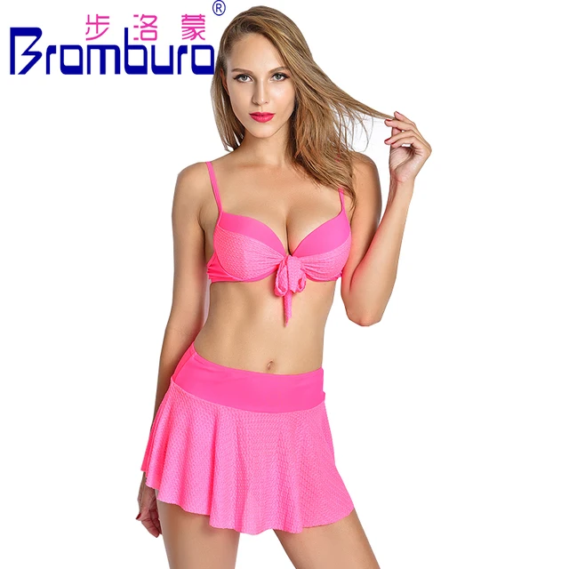 2016 Newest 3pcs Women Skirtini Pink Swimming Skirt Bikini Set Push Up