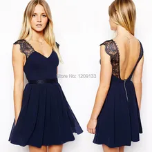 women evening dresses 2015 sexy v-neck cap sleeve open back dark blue lace dress for party over vestidos de festa longo