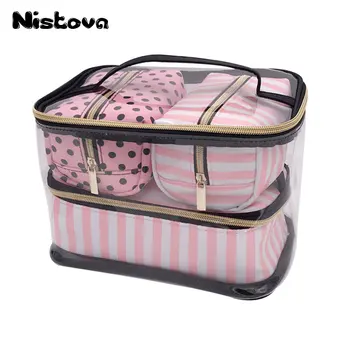 PVC Transparent Cosmetic Bag Organizer Travel Toiletry Bag Set Pink Beauty Case Makeup Case Beautician Vanity Necessaire Trip