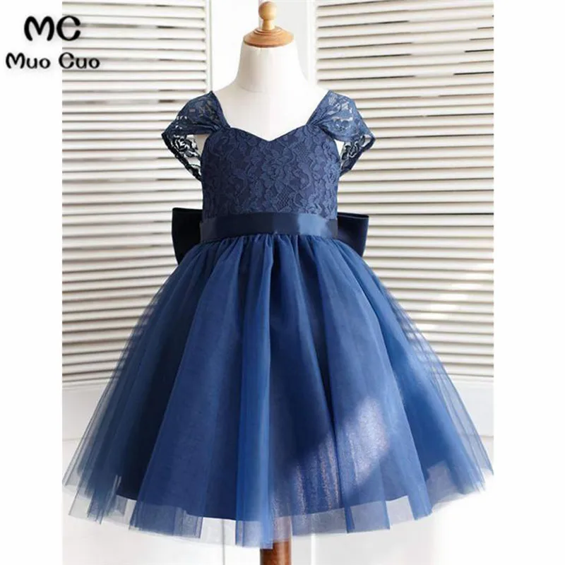 2018 г. элегантное бальное платье для первого причастия платья для девочек короткий рукав кружевной лентой темно-синий цветок платья для