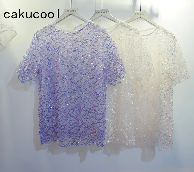 Cakucool Новая женская летняя футболка с круглым вырезом Блестки Роскошная Топы