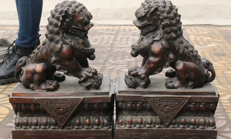 

17" China FengShui Copper Bronze Foo Fu Dog Guardian Door Lion Leo Pair Statue