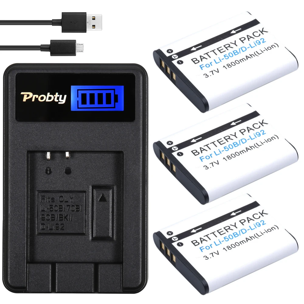 Probty 3Pcs Li-50B D-Li92 Li 50B D Li92 Batterie Per Foto/Videocamera + Lcd Usb Caricabatteria Per Olympus Sp 810 Sz14 Sz16 D755 Xz-1 Vr350 Sz31 U6010