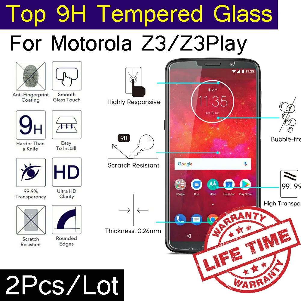 2Pcs/Lot 9H Glass For Moto Motorola Z3 Z3Play Play HD Thin Tempered Screen Protector Film Templado No Bubble Life Warranty | Мобильные
