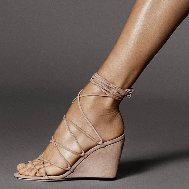 Nude Cross Tied Woman Sandals Super High Wedges Heels Lace Up Roman Fashion  Concise Ankle Strap Casual Mature Large Size 11 14 - AliExpress Shoes