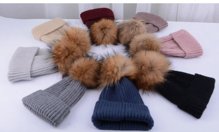 winter hats for girls kids boys knitted hat girl pom pom hat kids girls children natural raccoon Winter hats for children (4)