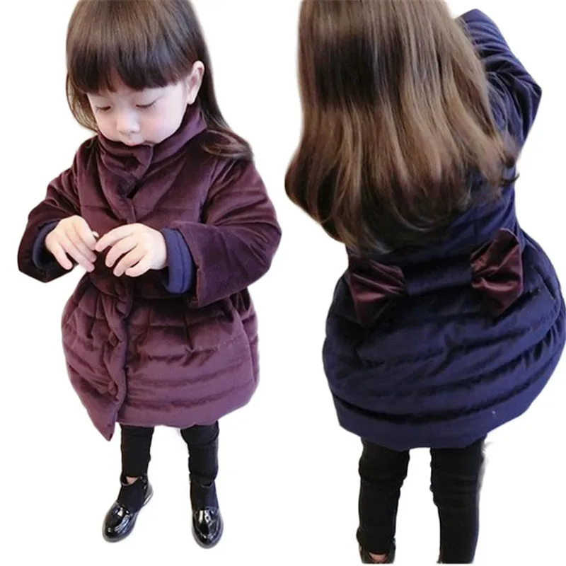 

2018 Kids Down Cotton Jackets Children Warm Thickening Coats Baby Girls Gold Velvet Parkas Toddler Infant Big Bow Outerwear G299