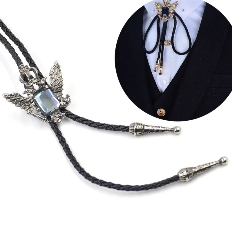 

Lychee American Style Western Cowboy Bola Tie Silver Russian Imperial 2 Head Eagle Crystal Synthetic Leather Neck Tie