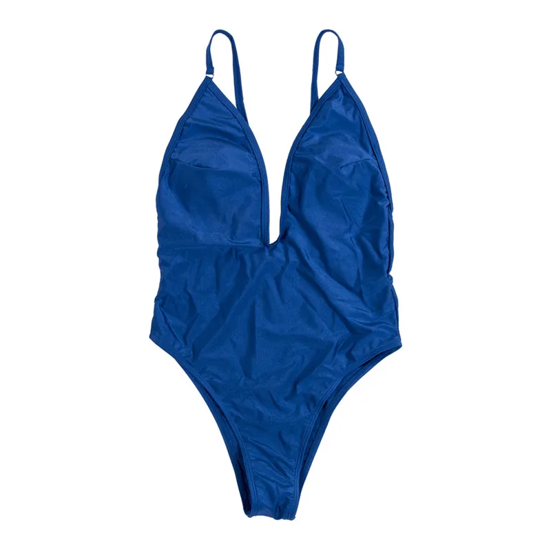One piece Женские однотонные бикини 2018 Лето Push up пляжная hot sexy спинки Синий maillot de bain