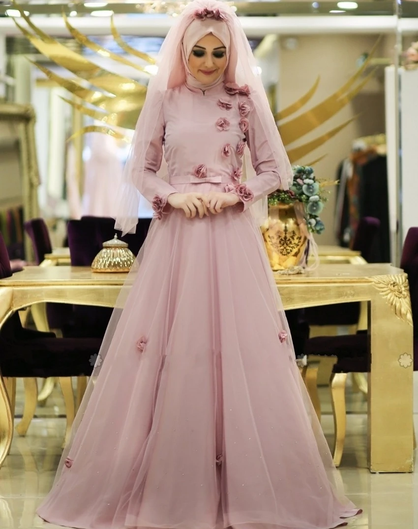 Muslim Evening Dresses With font b Hijab b font 2016 Light Pink Long Sleeves Arabic Formal
