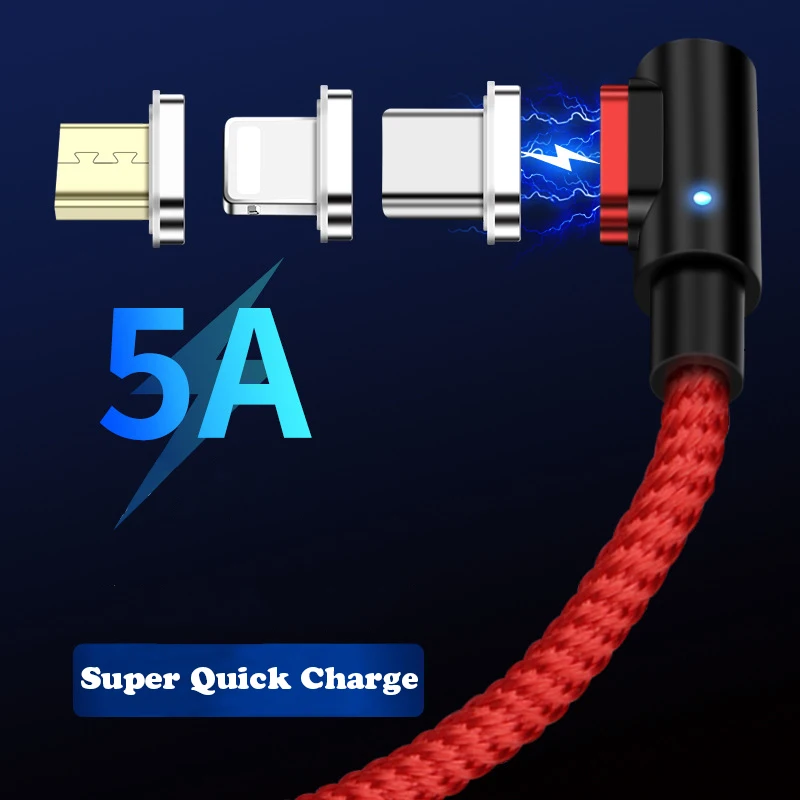 

5A Super Fast Charging Magnetic USB Cable Type C Micro USB Charging Data Cable Quick Charger Support Data Transmit 90 Degree