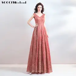 SOCCI выходные новый простой вечернее платье без рукавов с v-образным вырезом длиной до пола блестками блестящие кирпично-красный выпускного