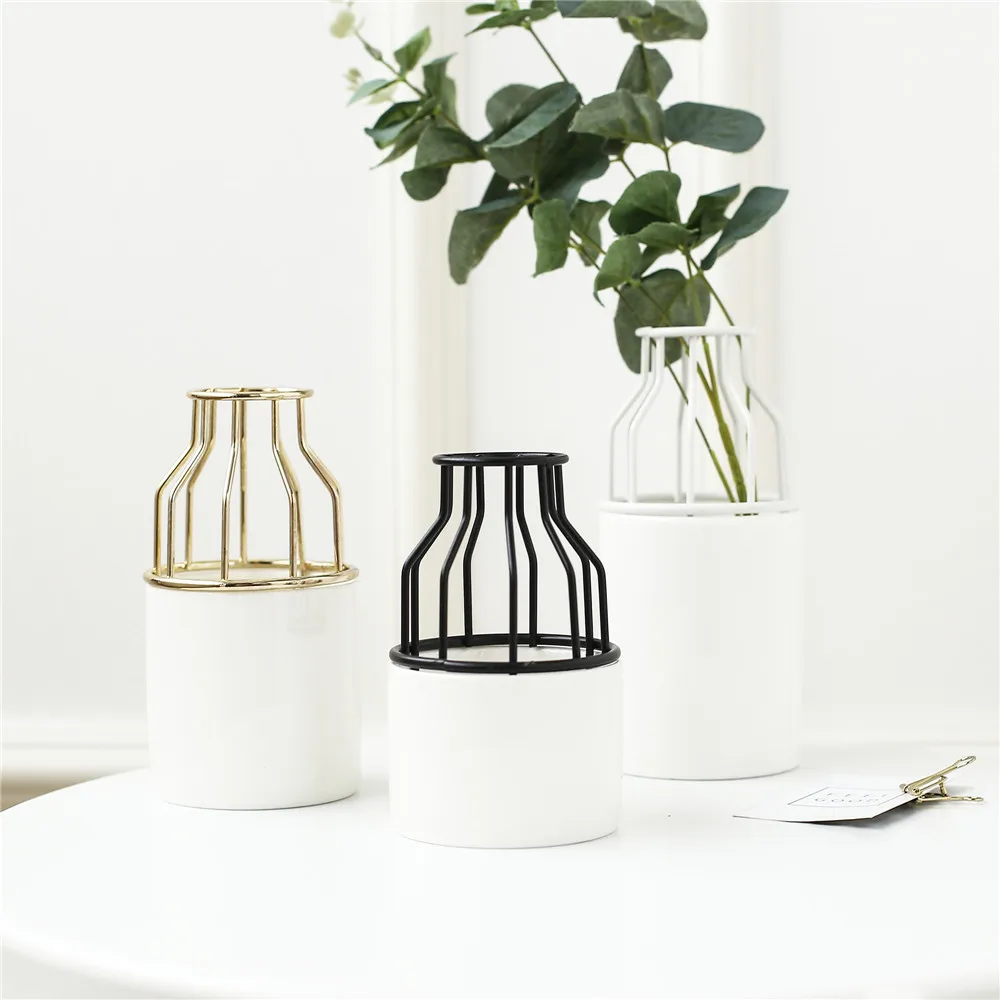 Скандинавская керамическая ваза из кованого железа, Маленькая ваза, простой дизайн, железный каркас, культура воды, зеленое растение, вставленный маленький цветочный горшок