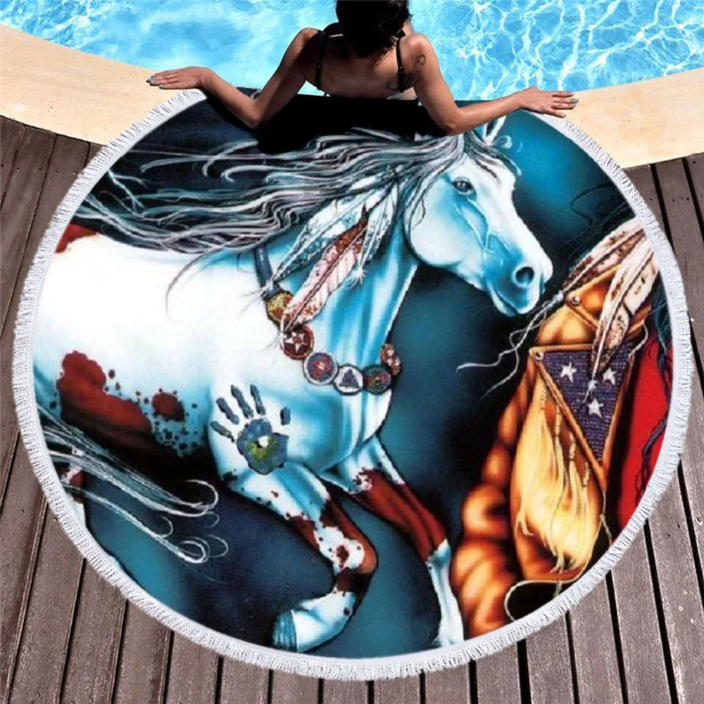 

Art Horse Colorful Painting Women Bath Towel for Beach Thick Round 3d print Fabric Quick Compressed Towel new style-3