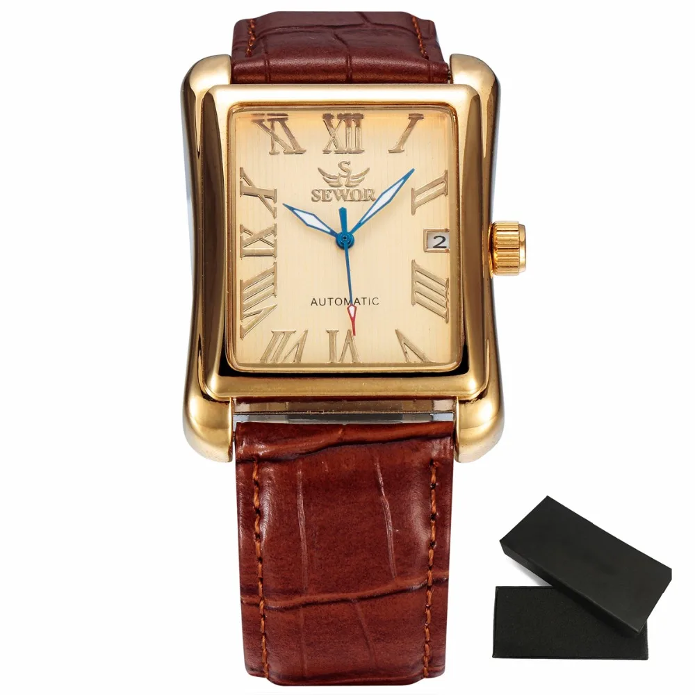 

SEWOR Brand Male Relogio Square Case Roman Numeral Dial Auto Date Day Calendar Leather Belt Automatic Mechanical Men's Watch