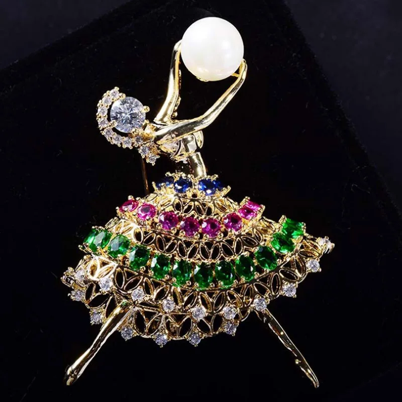 

Zlxgir brand Dance girls Shape Women wedding copper brooch jewelry cubic zircon micro paved elegant pearl brooches scarf pins