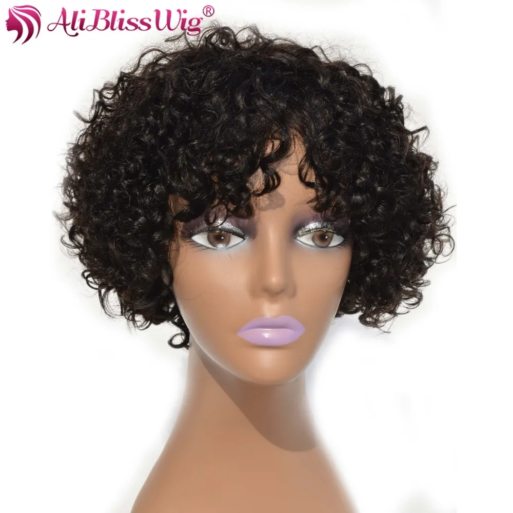 AliBlissWig Curly Short Wigs For Black Women #1B Color Brazilian Non-Remy Hair None Lace Human Hair Wigs Medium Cap Machine Made (2)