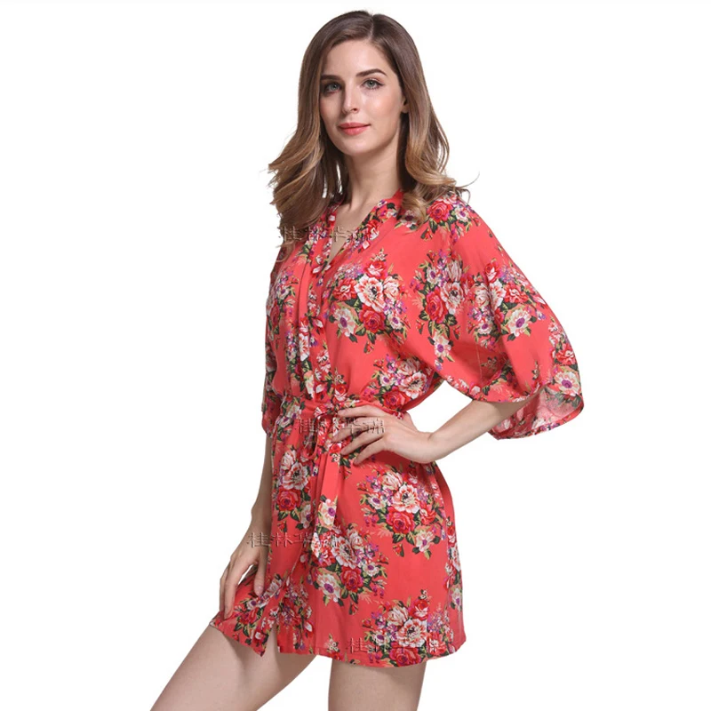 New Print Floral Women Wedding Bridal Kimono Robe Sexy Short Cotton Spa Night Dress Bridesmaids