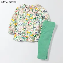 Peu maven enfants ensemble 2017 nouveau automne filles Coton de marque à manches longues Usine floral t-shirt + solide vert pantalon 20141