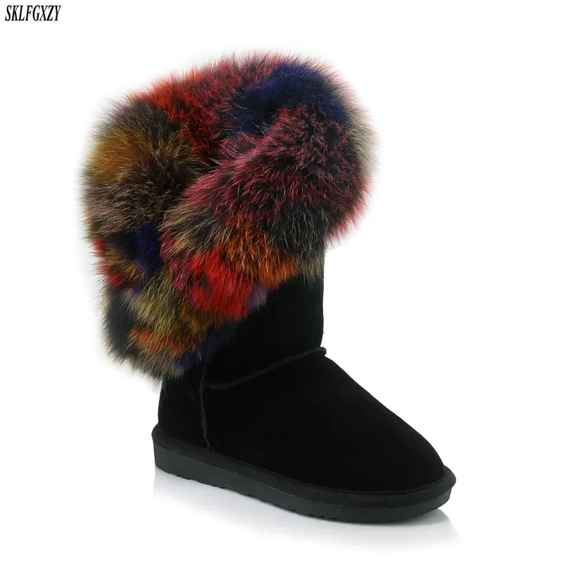 

SKLFCXZY 2018 New to winter fox hair warm 100% cowhide snow boots warm women's boots comfortable women's shoes size 34-43