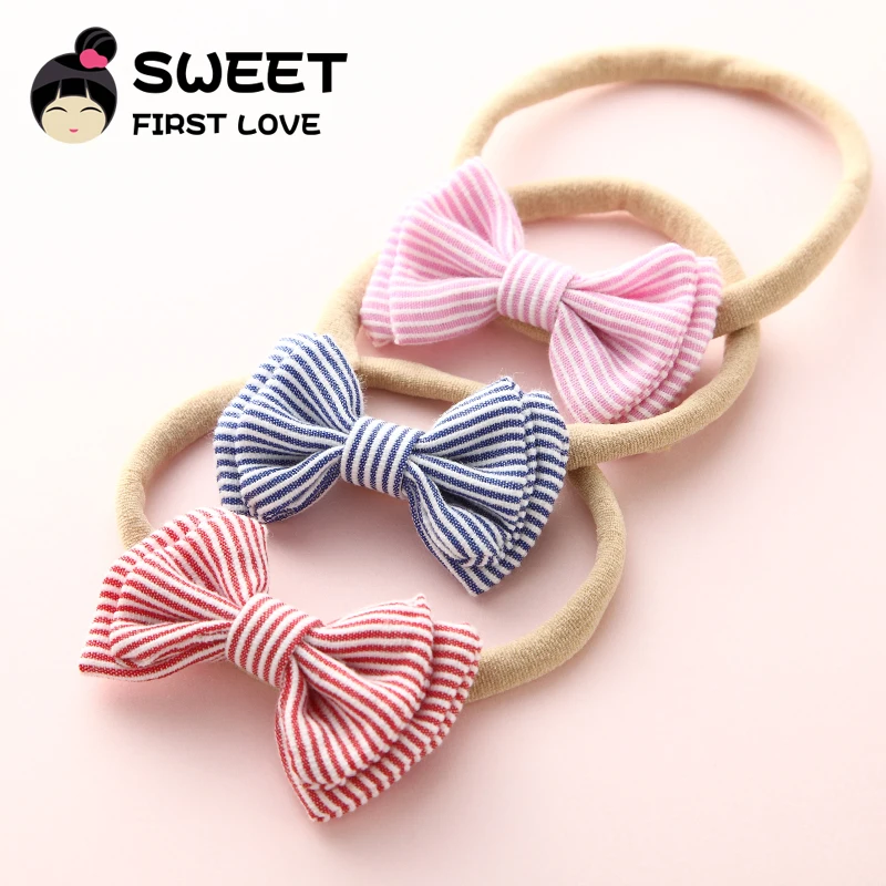 

3PCS Kids Girls Fabric Bows Headbands, Stripped Hair bow Elastic hair bands, Soft Thin Nylon Headbands Cotton Hair Accessories