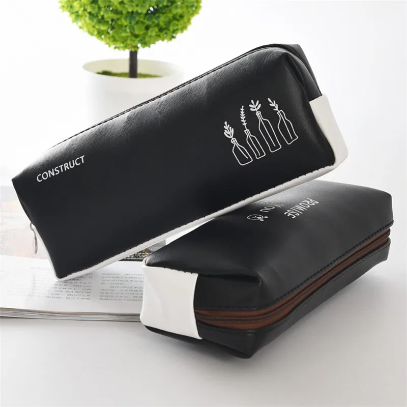 

High Quality Kawaii Black White Splicing PU Leather Large Capacity Pencil Case Bag School Supply Stationery Gifts Estojo Escolar