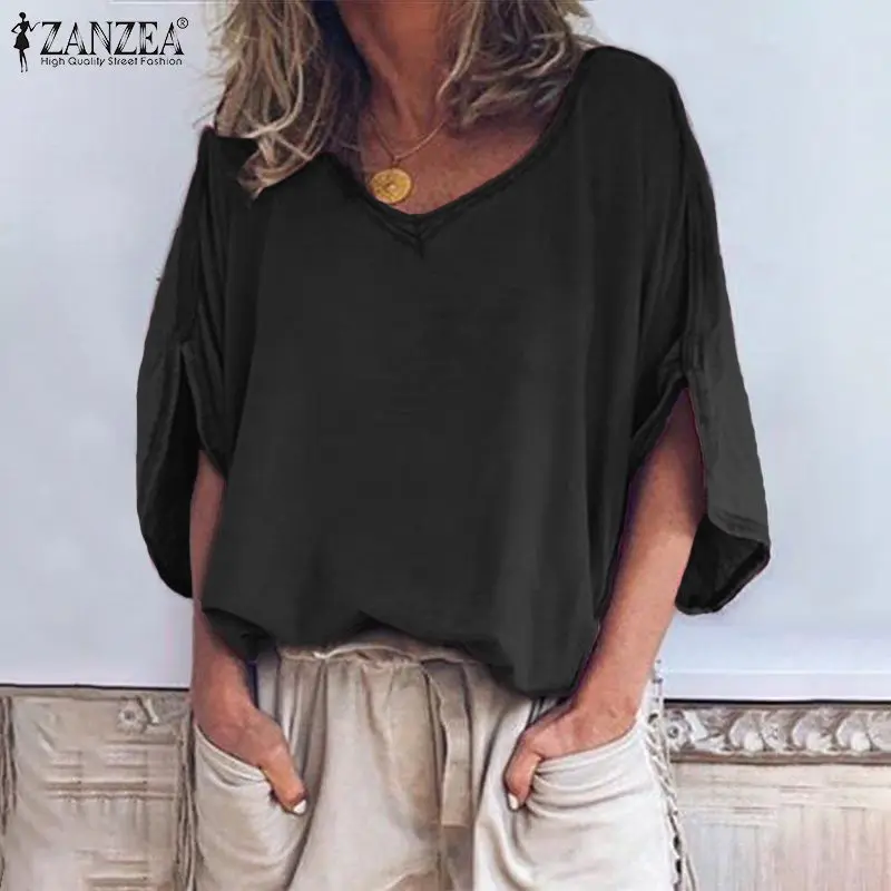 Модная летняя блузка с коротким рукавом ZANZEA Женская Однотонная рубашка с v-образным вырезом Повседневная свободная туника, топы, халат Femme Blusas Femininas 5XL