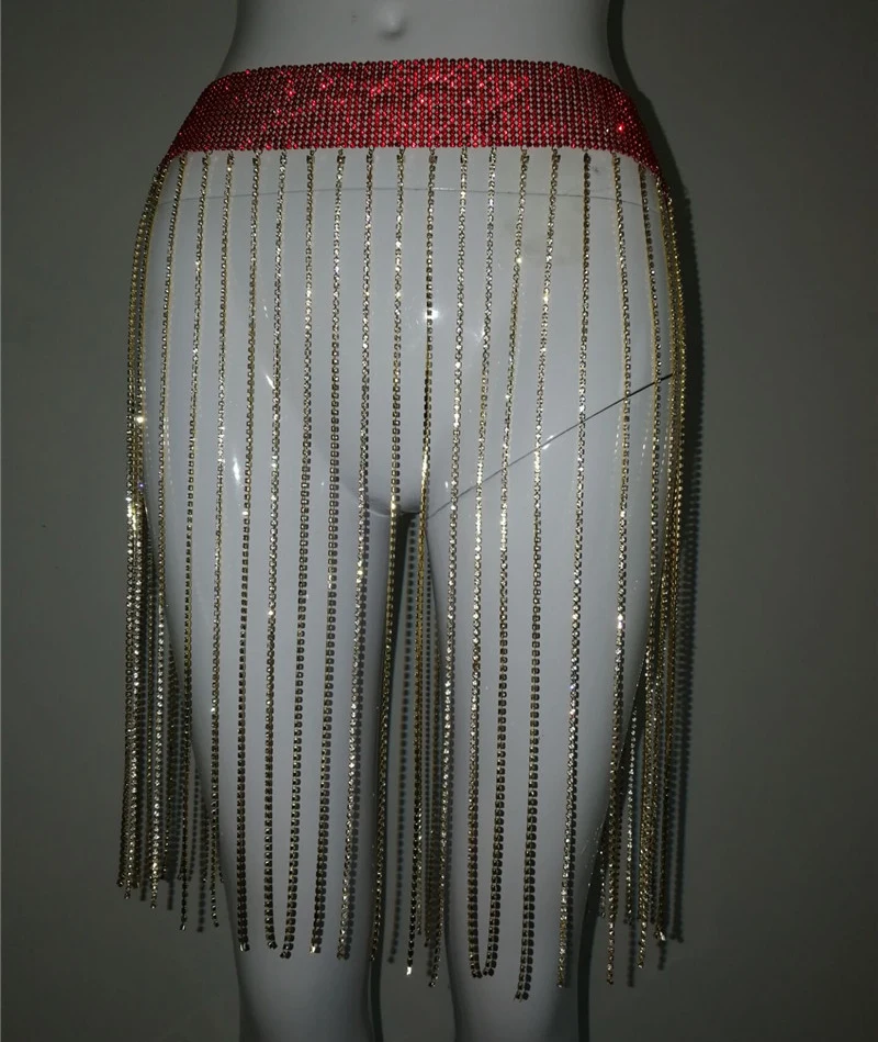 FestivalQueen пикантные блестящие со стразами кисточкой юбка для женщин Роскошные выдалбливают Алмаз металлической цепью Империя ночной