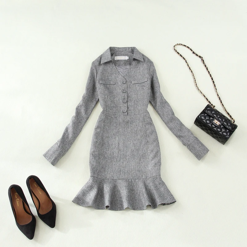 

women's gray V-neck slim long-sleeved lotus leaf dress 2018 autumn winter large size