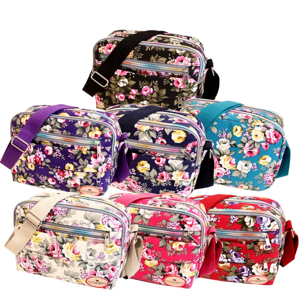 

2018 Women Canvas Bag National Crossbody Bag Zipper Soft Purple Printed Floral Shoulder Bag Flap Rose Red Lady Shoulder Bag New