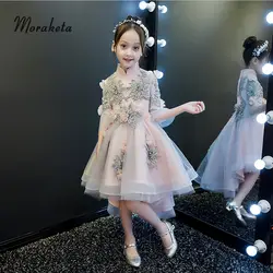 2019 новая маленькая девочка паж платья Розовые Роскошные 3D цветок бисером аппликация с буфами Высокий Низкий цветок девушки платья для