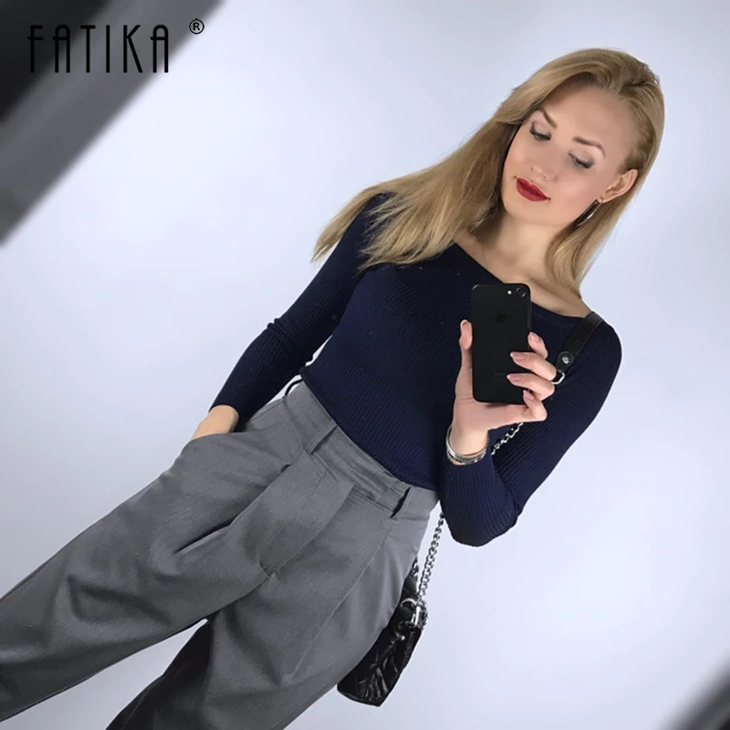 

FATIKA Autumn and Winter Basic Women Sweater slit neckline Strapless Sweater thickening Sweater Off Shoulder Pullover Sweaters