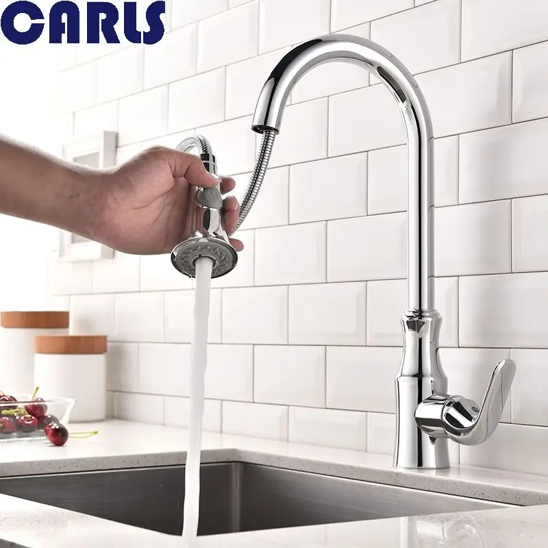 

CARLS Modern Polished Chrome Brass Kitchen Faucet Pull Out Single Handle Swivel Spout Vessel Sink Mixer Tap 3028