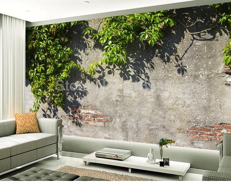 На заказ Настенные обои ветви деревьев зеленые листья кирпичная стена 3D обои для гостиной Кафе Ресторан Настенный декор живопись