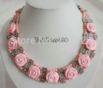 

DD Wholesale XSZ2014 ^^3 Rows Pink Coral Flower Pendant Tibet Silver Clasp Necklace