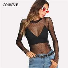 COLROVIE, черная сетчатая узкая Сексуальная женская блузка без бюстгальтера,, летняя Прозрачная Клубная блуза в горошек