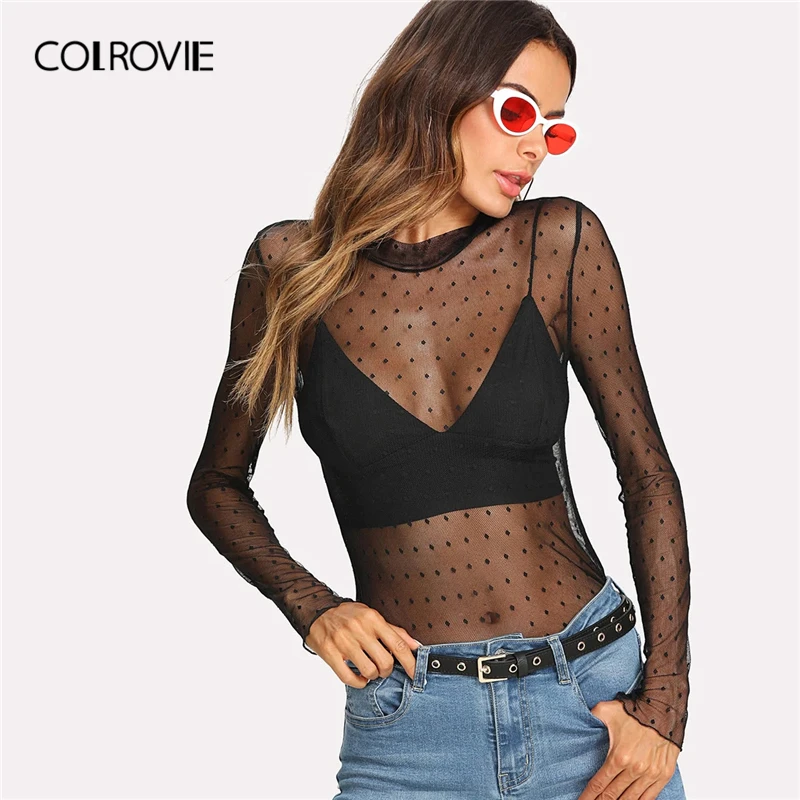 Женская прозрачная блузка в горошек COLROVIE черная облегающая из сетчатого