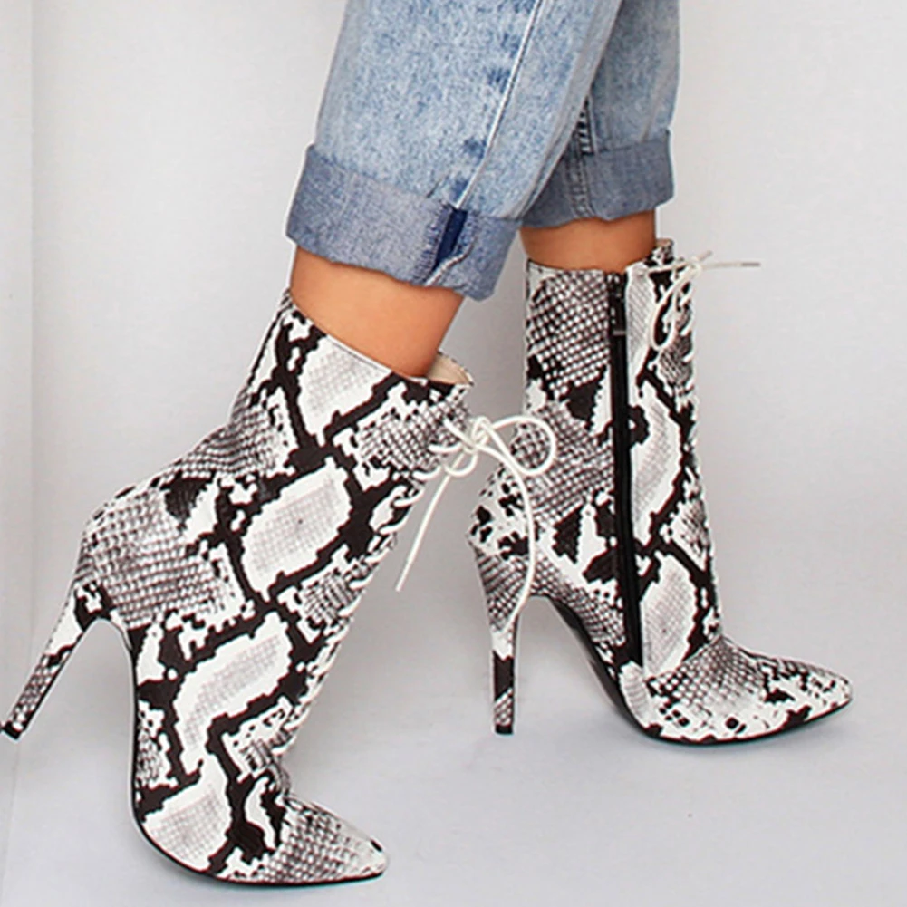 

2019 New brand design women Pumps Snakeskin pattern pointed toe Zip thin high heels shoes autumn Serpentine Boots shoes woman