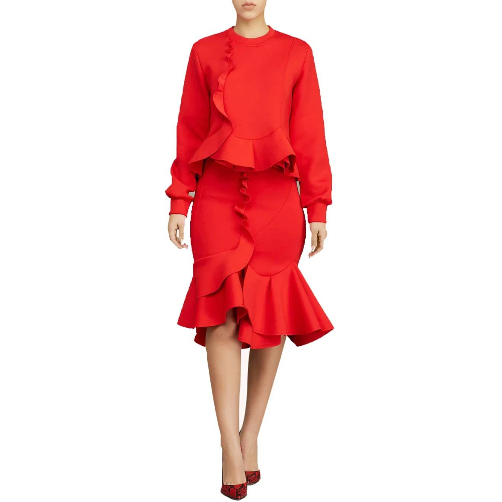 

Women Fashion Asymmetric Ruffles Long Sleeve Tops Blouse Two Pieces 2 PCS High Waist Skirts
