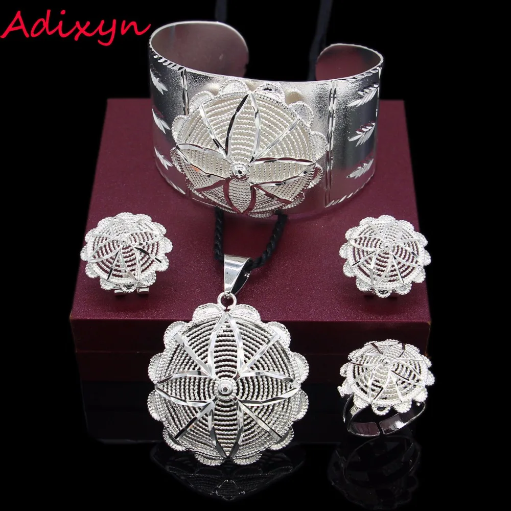 Adixyn NEW Bride Jewelry Set Silver Plated Eritrean/Ethiopian/African Necklace/Pendant/Bangle/Earring/Ring Wedding Sets | Украшения и