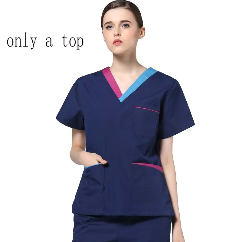 Женская модная медицинская униформа, цветная блокировка, v-образный вырез, скраб-Топ или скраб, набор или брюки санитара, хирургическая форма из чистого хлопка - Цвет: dark blue top