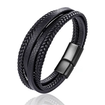 

2019 New Design Multi-layers Handmade Braided Genuine Leather Bracelet & Bangle For Men Stainless Steel Fashion Bangles Gifts