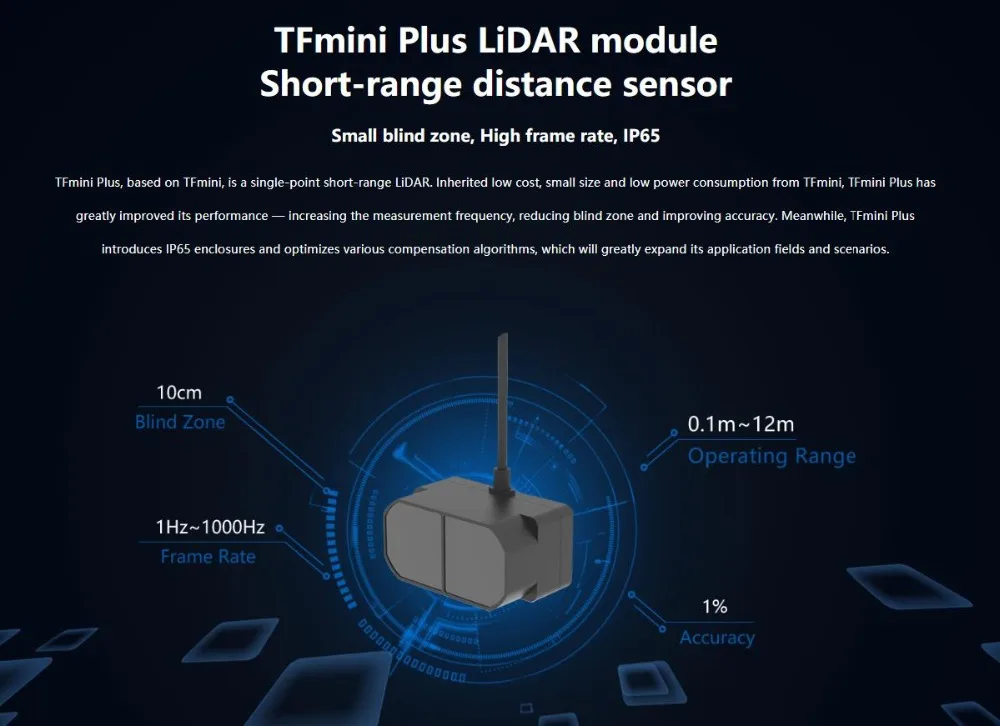 TFmini Plus LiDAR модуль, IP65 микро одноточечный TOF Датчик короткого расстояния совместим с UART IIC I/O