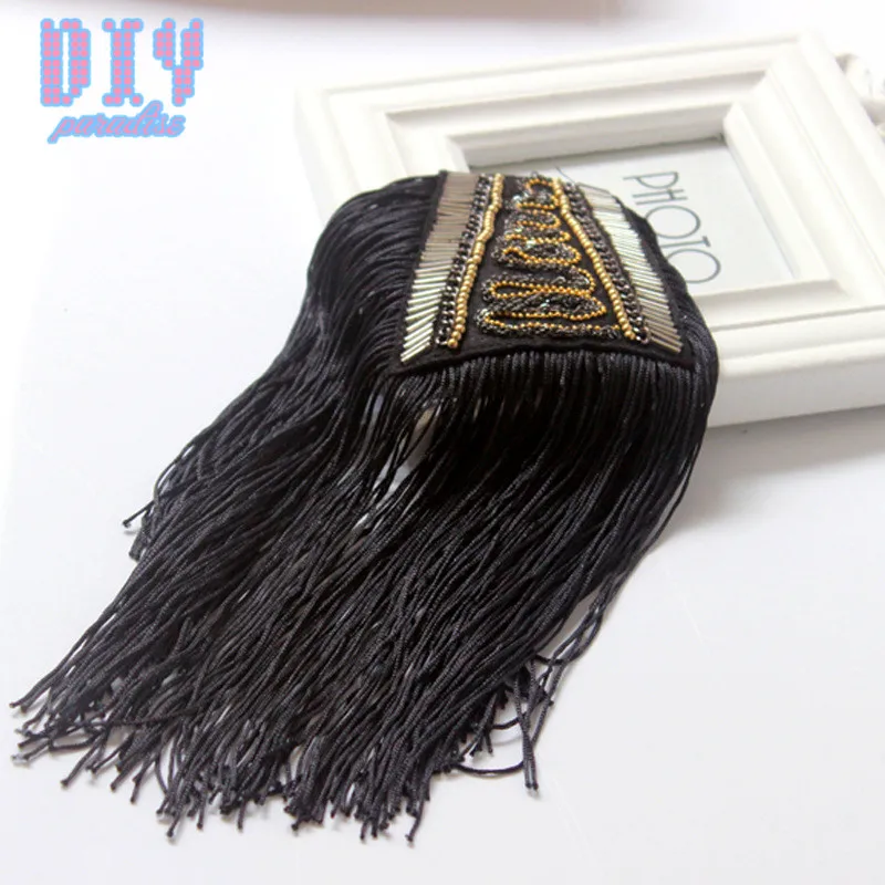 

2pcs Handmade Fashion black Tassel Chain Shoulder Board Badges beads Fabric Metal Epaulette Military Pin on Brooch Medal