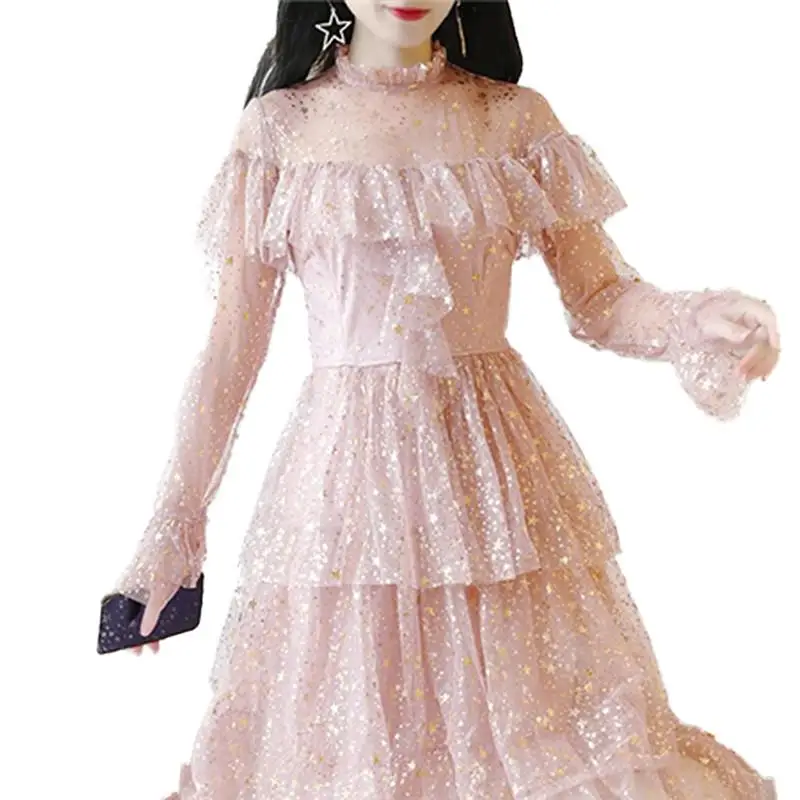 

Women 2019 New Spring Autumn Printing Layer Cake Mesh Midi Dress Female Petal Sleeve Elegant Ruffles O-Neck Dresses Vestidos L73